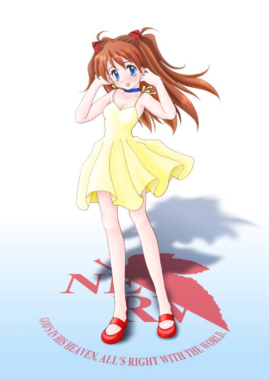 souryuu asuka langley, neon genesis evangelion, 1girl, blue eyes, dress, female focus, red hair, solo