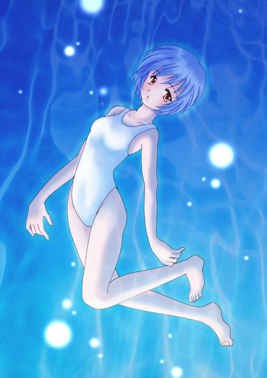 ayanami rei, neon genesis evangelion, blue hair, red eyes, swimsuit