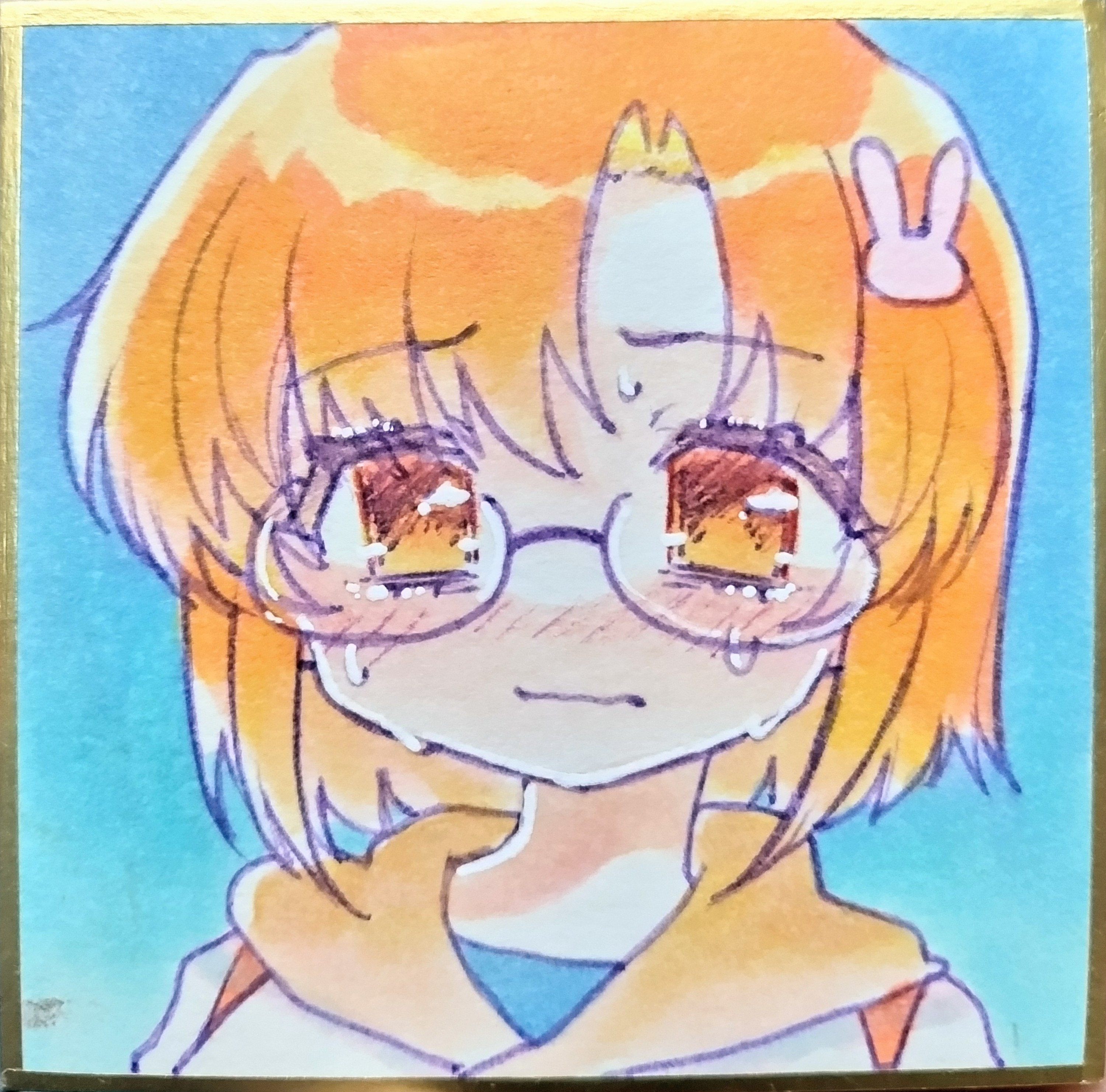 yasonomugi, moriya marie, higanbana no saku yoru ni, absurdres, highres, traditional media, 1girl, blush, crying, glasses, hair ornament, orange eyes, orange hair, rabbit hair ornament, sad, shirt, short hair, solo, tears, white shirt