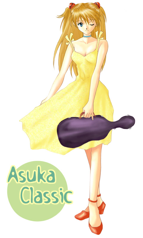 souryuu asuka langley, neon genesis evangelion, 1girl, blue eyes, choker, dress, female focus, one eye closed, red hair, simple background, solo, white background, yellow dress