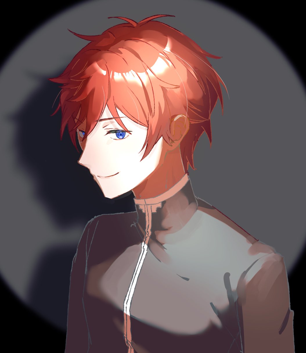 3siyo u, reinhard van astrea, re:zero kara hajimeru isekai seikatsu, highres, 1boy, asymmetrical bangs, blue eyes, closed mouth, hair between eyes, high collar, long sleeves, looking to the side, male focus, messy hair, profile, red hair, short hair, simple background, smile, smirk, solo, spotlight, upper body, zipper