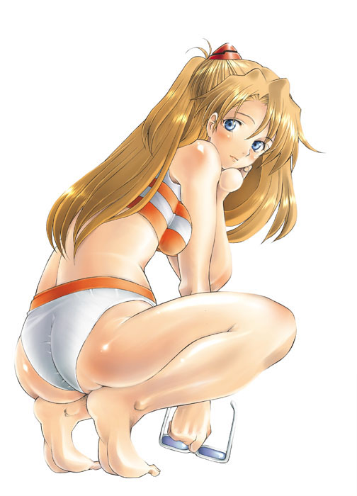 sakai hamachi, souryuu asuka langley, neon genesis evangelion, 1girl, ass, bad anatomy, barefoot, bikini, blonde hair, blue eyes, breasts, feet, female focus, full body, glasses, head rest, interface headset (evangelion), large breasts, long hair, looking at viewer, looking back, red hair, simple background, soles, solo, squatting, sunglasses, sunglasses removed, swimsuit, tiptoes, unworn eyewear, white background