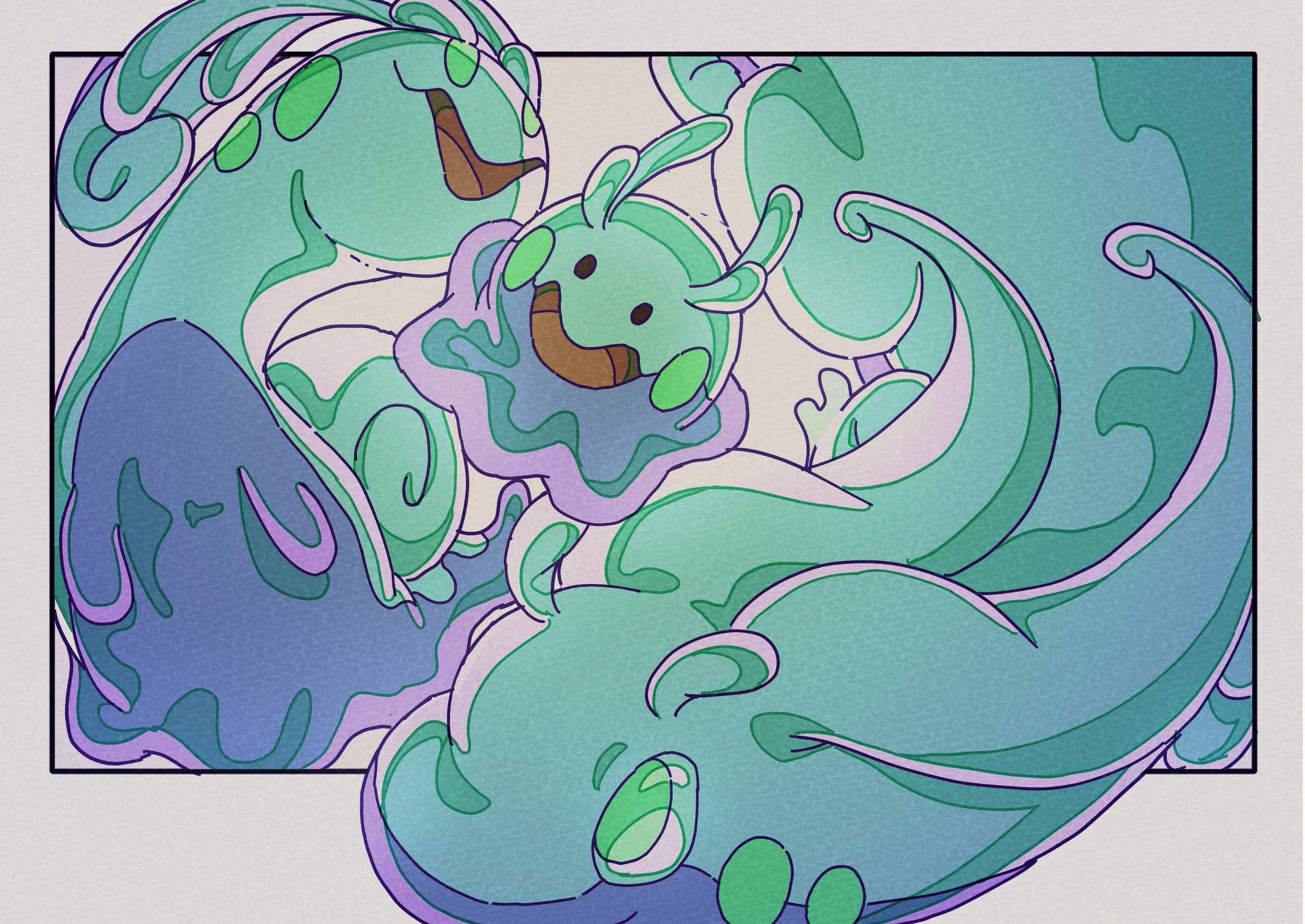 onamuzi illust, goodra, goomy, sliggoo, nintendo, pokemon, highres, evolutionary line, full body, gen 6 pokemon, green eyes, looking at viewer, no humans, open mouth, pokemon (creature), pokemon focus, simple background, slime (substance), smile