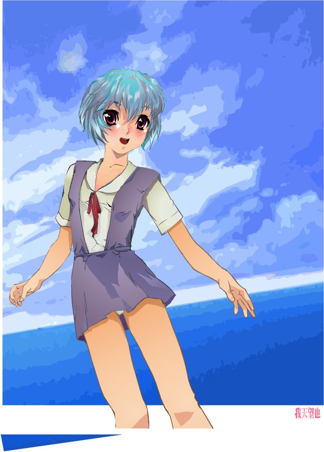 ayanami rei, neon genesis evangelion, blue hair, panties, red eyes, school uniform, serafuku, underwear
