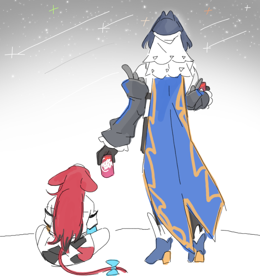 mochiparrot, hakos baelz, hakos baelz (1st costume), ouro kronii, ouro kronii (1st costume), hololive, hololive english, commentary, english commentary, 2girls, animal ears, black gloves, blue bow, blue hair, bow, can, colored skin, crop top, from behind, gloves, hair intakes, holding, holding can, looking back, mouse ears, mouse girl, mouse tail, multiple girls, red hair, shirt, short hair, sketch, standing, tail, tail bow, tail ornament, virtual youtuber, white shirt, white skin