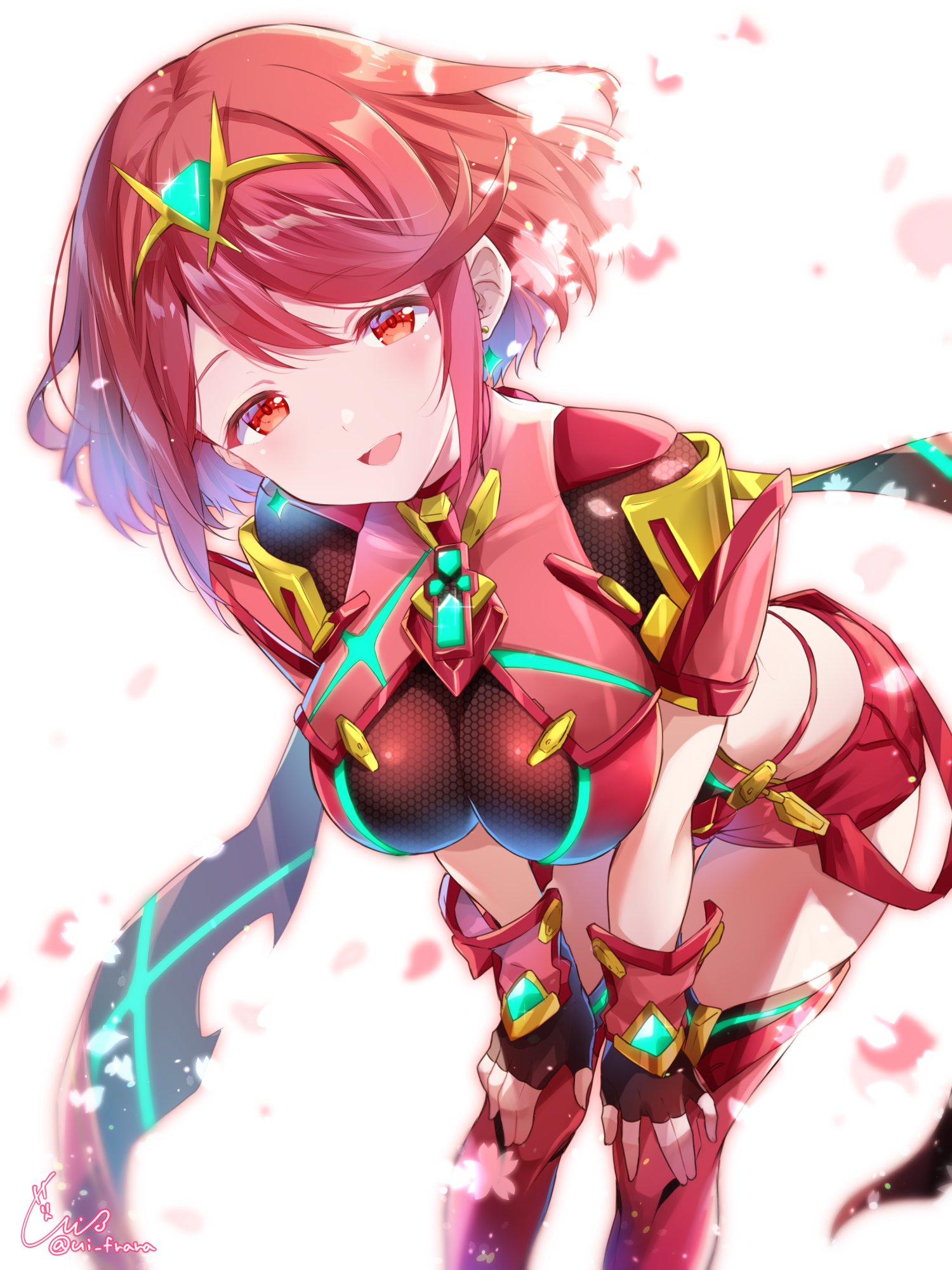 ui frara, pyra (xenoblade), xenoblade chronicles (series), xenoblade chronicles 2, 1girl, breasts, large breasts, red eyes, red hair, short hair, simple background, white background