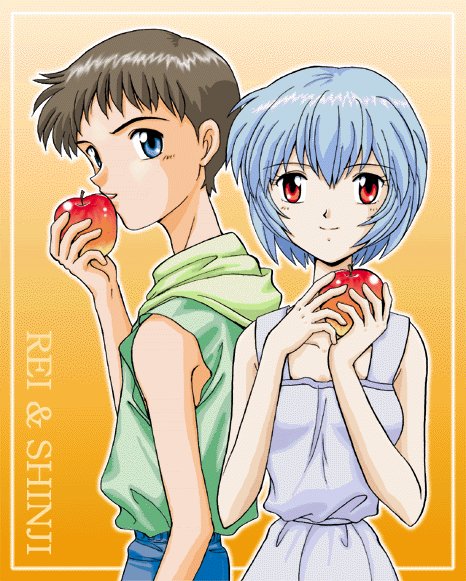ayanami rei, ikari shinji, neon genesis evangelion, 1boy, apple, blue eyes, blue hair, brown hair, food, fruit, red eyes