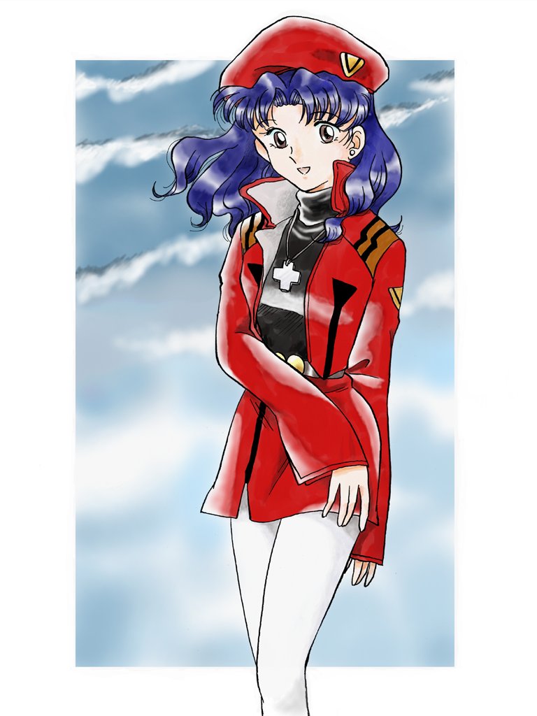 katsuragi misato, gainax, neon genesis evangelion, artist request, tagme, 1girl, brown eyes, female focus, purple hair, solo
