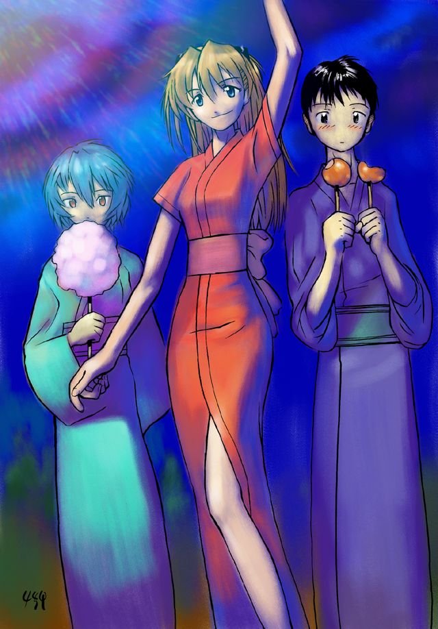 ayanami rei, ikari shinji, souryuu asuka langley, neon genesis evangelion, 1boy, 2girls, blue eyes, blue hair, brown hair, japanese clothes, kimono, multiple girls, red eyes, red hair