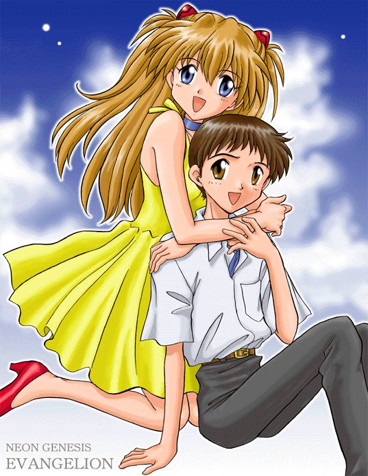 ikari shinji, souryuu asuka langley, neon genesis evangelion, red footwear, 1boy, 1girl, :d, belt, blue eyes, brown eyes, brown hair, choker, copyright name, dress, long hair, looking at viewer, open mouth, red hair, shirt, smile, white shirt, yellow dress