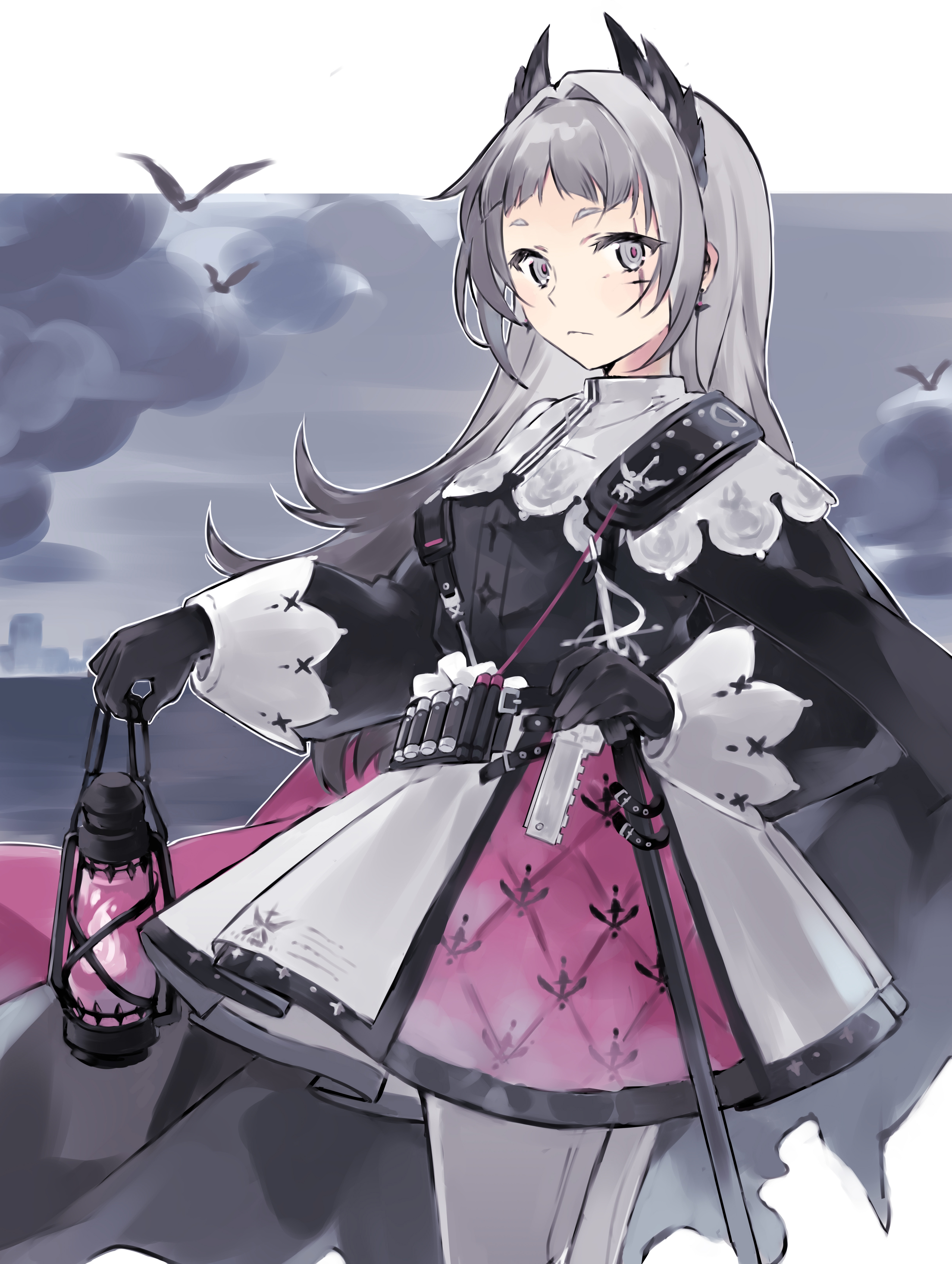 irene (arknights), arknights, absurdres, highres, 1girl, black cape, black dress, black gloves, cape, closed mouth, cowboy shot, dress, earrings, gloves, grey eyes, grey hair, hair intakes, holding, holding lantern, jewelry, lantern, long hair, long sleeves, looking at viewer, pantyhose, pink dress, puffy long sleeves, puffy sleeves, scar, scar across eye, scar on face, shenqilou932, simple bird, solo, standing, white dress, white pantyhose