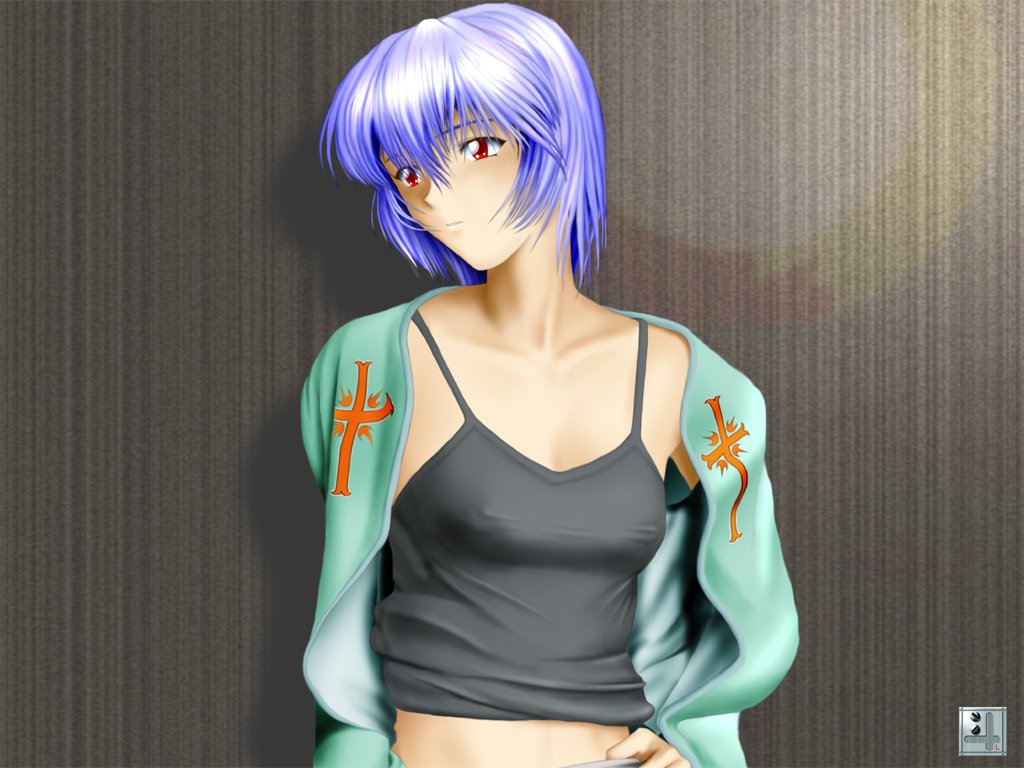 ayanami rei, neon genesis evangelion, tagme, blue hair, camisole, midriff, red eyes, tank top