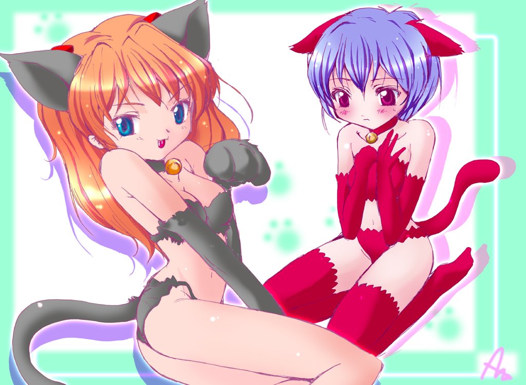 ayanami rei, souryuu asuka langley, neon genesis evangelion, 2girls, animal ears, ass, bell, blue eyes, blue hair, breasts, cat ears, cat tail, choker, cleavage, multiple girls, navel, panties, red eyes, red hair, tail, thighhighs, underwear