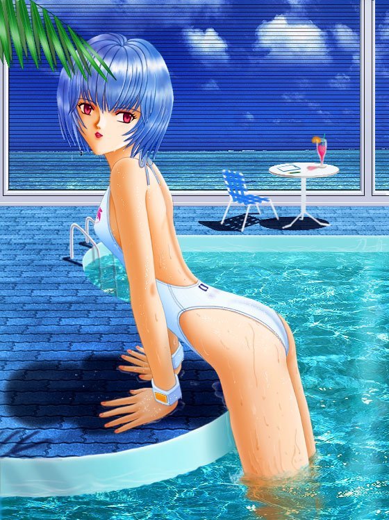 ayanami rei, neon genesis evangelion, blue hair, casual one-piece swimsuit, one-piece swimsuit, red eyes, swimsuit