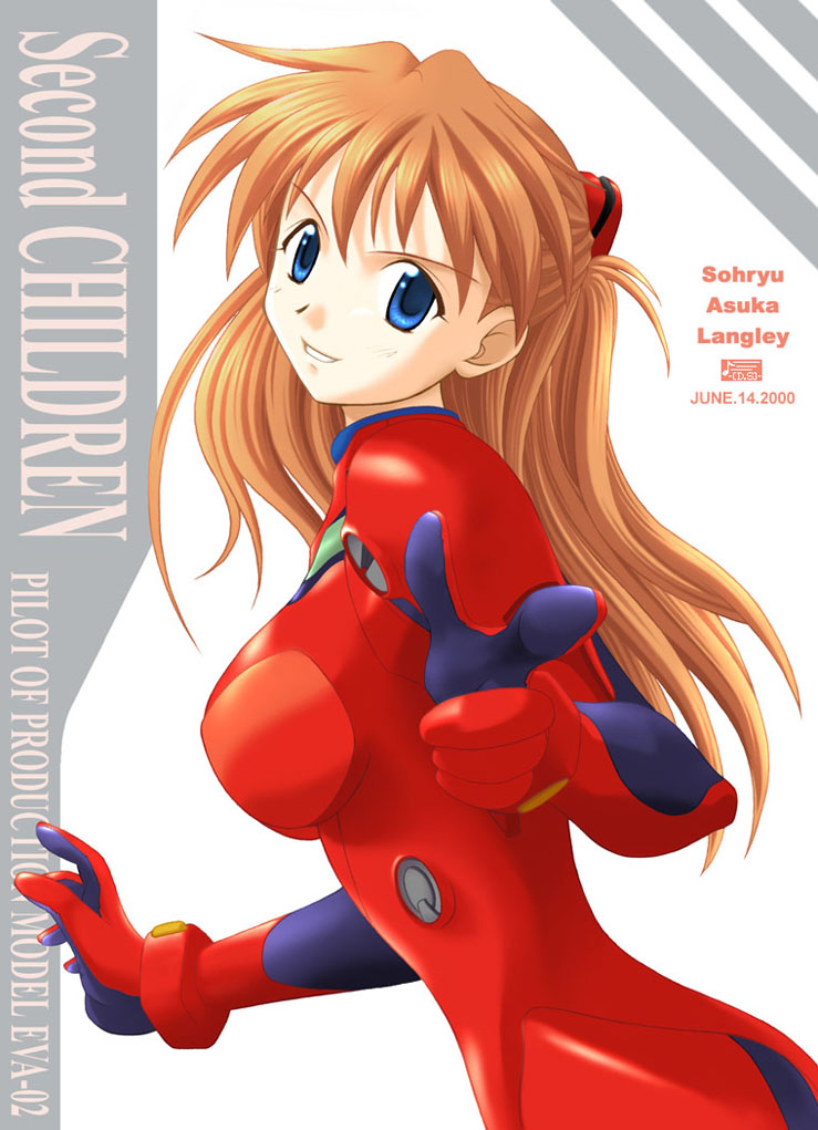 souryuu asuka langley, neon genesis evangelion, 1girl, blue eyes, bodysuit, breasts, from side, grin, large breasts, legs, looking at viewer, mecha pilot suit, orange hair, parted lips, plugsuit (evangelion), pointing, red hair, sideboob, smile, thighs, twintails