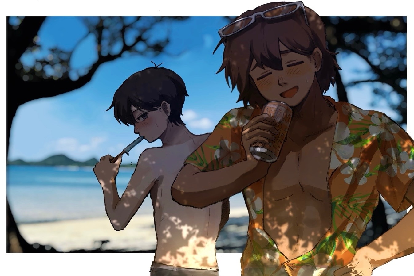 nat omogu, kel (faraway) (omori), kel (omori), sunny (omori), omori, 2boys, alternate costume, black eyes, black hair, blurry, blurry background, blush, brown hair, closed eyes, collarbone, dark-skinned male, dark skin, double-parted bangs, eyewear on head, food, food in mouth, hand on own hip, hawaiian shirt, holding, holding food, holding popsicle, looking at another, male focus, multiple boys, open mouth, partially unbuttoned, pectorals, popsicle, popsicle in mouth, shirt, short hair, short sleeves, sunglasses, topless male, white-framed eyewear