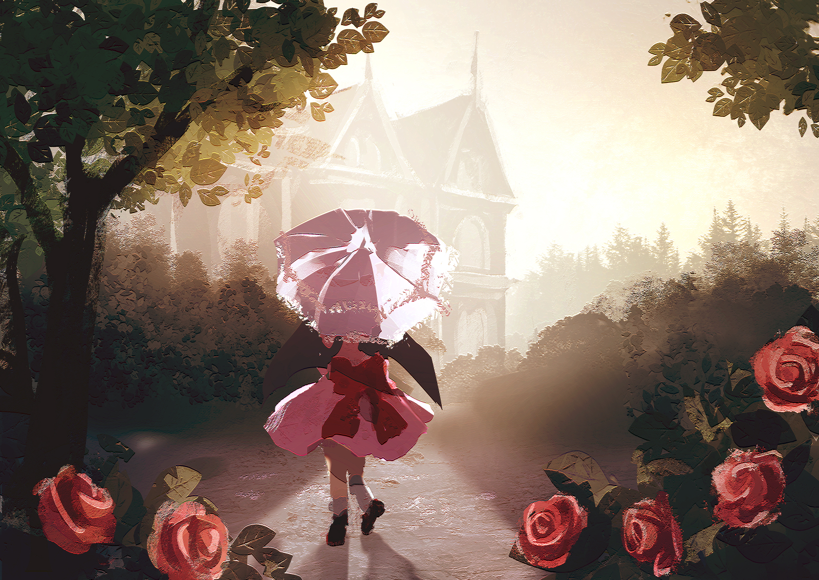 dise (psychoro), remilia scarlet, touhou, commentary request, highres, 1girl, back bow, bat wings, black shoes, black wings, bow, bush, facing away, flower, from behind, grey sky, mansion, outdoors, pink shirt, pink skirt, pink umbrella, red bow, red flower, red rose, rose, scarlet devil mansion, shirt, shoes, skirt, sky, socks, solo, tree, umbrella, white socks, wide shot, wings