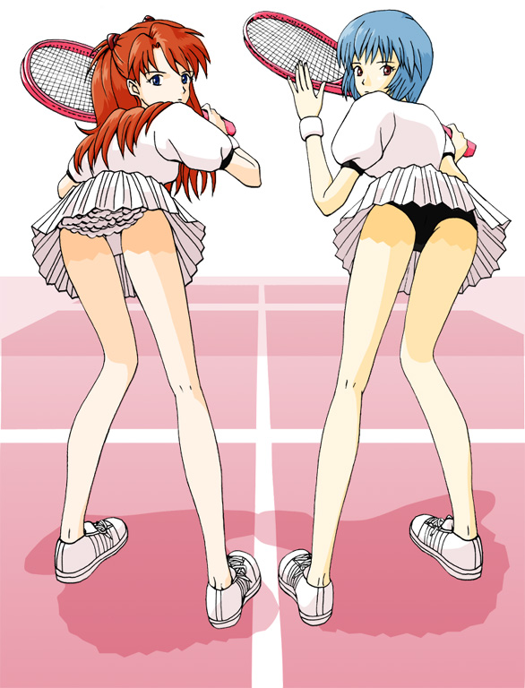 ayanami rei, souryuu asuka langley, neon genesis evangelion, 2girls, ass, black panties, blue eyes, blue hair, long hair, multiple girls, panties, petticoat, racket, red eyes, red hair, shoes, skirt, sneakers, tennis racket, underwear, upskirt, white panties