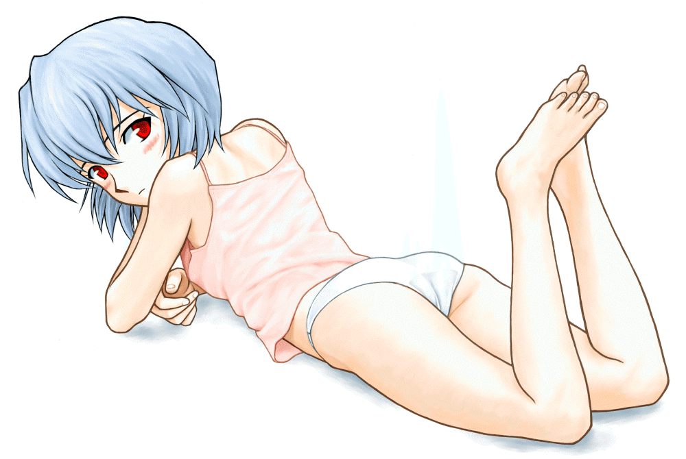 ayanami rei, neon genesis evangelion, tagme, barefoot, blue hair, panties, red eyes, underwear