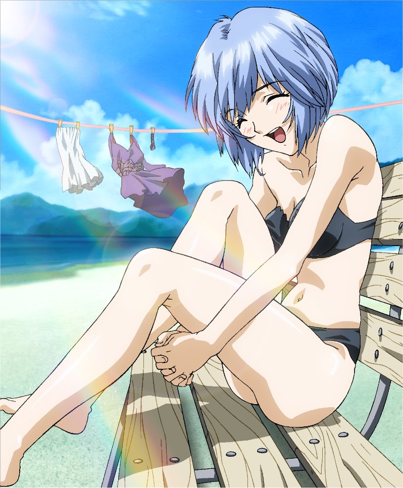 ayanami rei, neon genesis evangelion, 1girl, barefoot, beach, bikini, black bikini, blue hair, blush, breasts, closed eyes, cloud, day, female focus, lens flare, medium breasts, navel, open mouth, outdoors, sitting, sky, solo, strapless, strapless bikini, swimsuit, unworn clothes