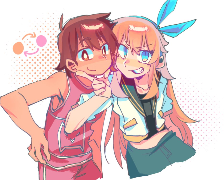 aubrey (faraway) (omori), aubrey (omori), kel (faraway) (omori), kel (omori), omori, 1boy, 1girl, alternate color, blue eyes, blue hairband, blue skirt, bright pupils, brown eyes, brown hair, collarbone, crop top, dark-skinned male, dark skin, denim, denim skirt, grin, hairband, huasuan69416, jacket, long hair, looking at viewer, open mouth, pink hair, short hair, skirt, smile, teeth, white background, white jacket, white pupils