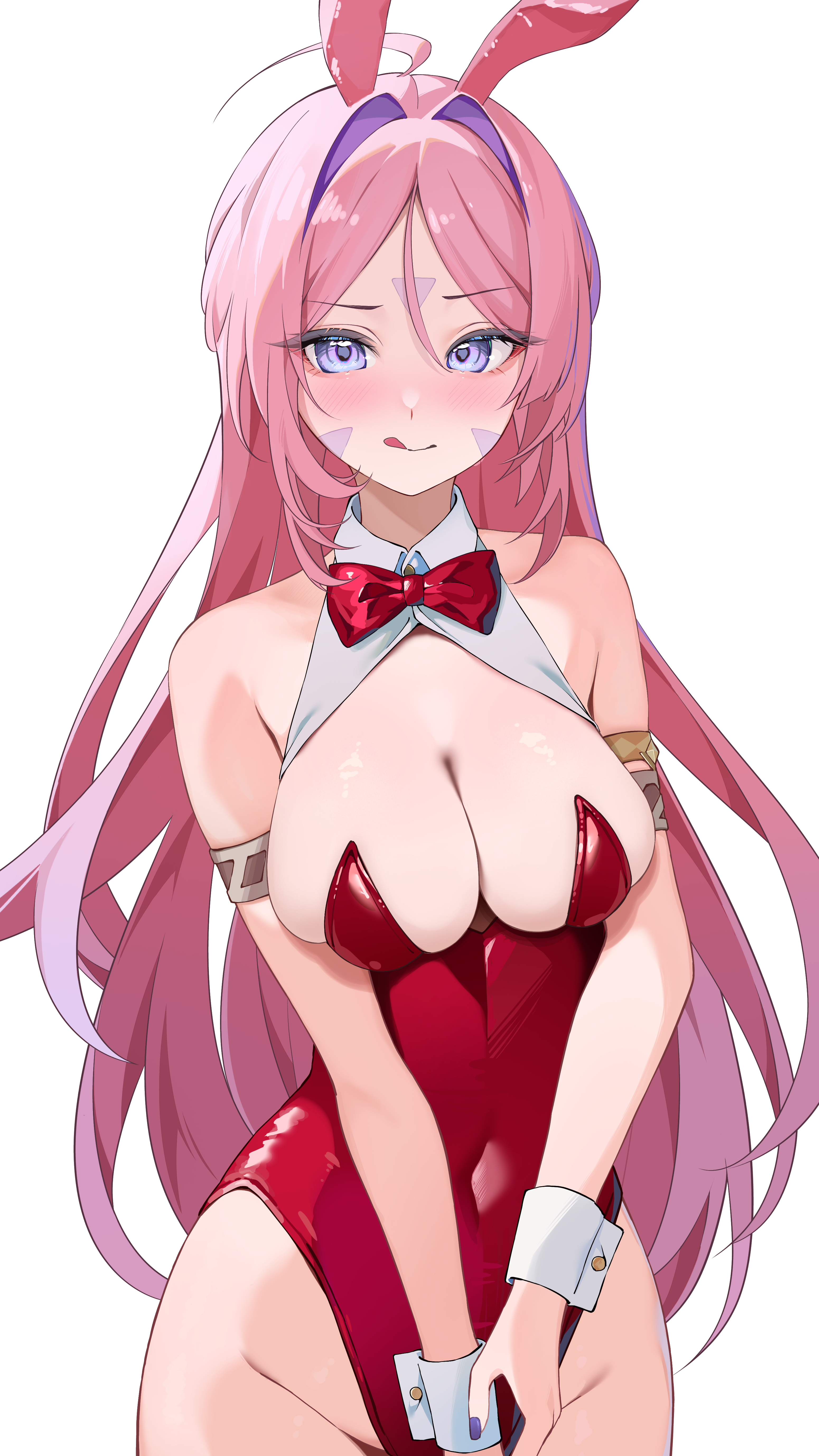 chobonu, citlali (genshin impact), genshin impact, absurdres, commentary, highres, 1girl, alternate costume, animal ears, blue eyes, blush, bow, bowtie, breasts, brown pantyhose, closed mouth, double-parted bangs, facial mark, forehead mark, forehead tattoo, leotard, long hair, looking at viewer, medium breasts, multicolored hair, pantyhose, pink hair, playboy bunny, purple hair, rabbit ears, red bow, red bowtie, red leotard, solo, tattoo, triangle, triangle facial mark, very long hair, white background