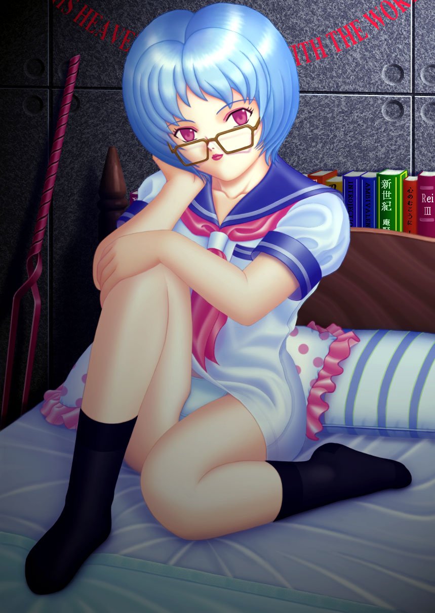 ayanami rei, neon genesis evangelion, highres, blue hair, panties, red eyes, school uniform, serafuku, underwear