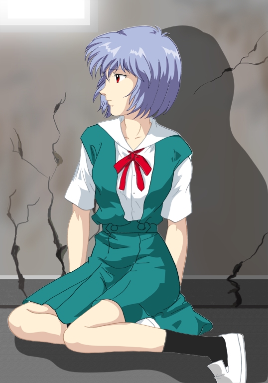 ayanami rei, neon genesis evangelion, blue hair, red eyes, school uniform, serafuku