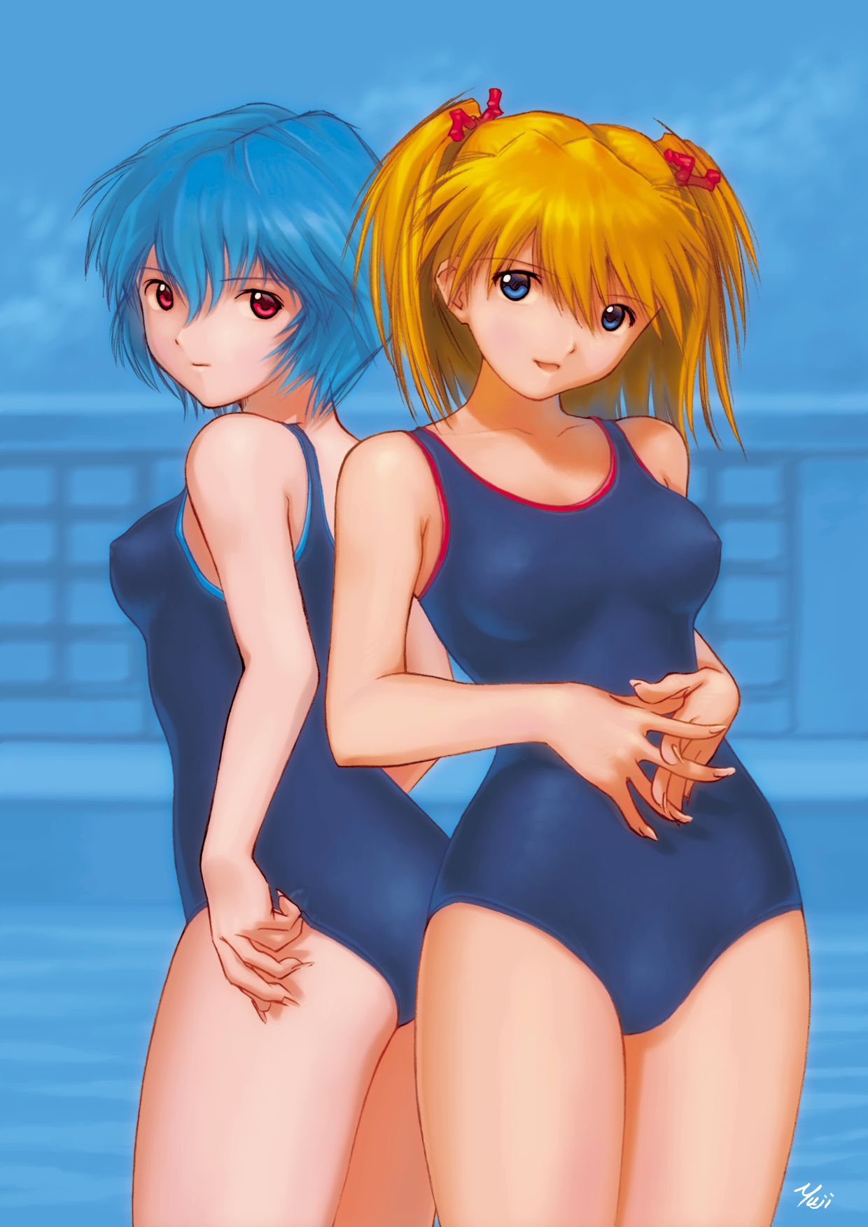 kobayashi yuji, ayanami rei, souryuu asuka langley, neon genesis evangelion, highres, 2girls, adjusting clothes, adjusting swimsuit, artist name, blue eyes, blue hair, blue one-piece swimsuit, breasts, looking at viewer, medium breasts, multiple girls, one-piece swimsuit, orange hair, red eyes, swimsuit, water