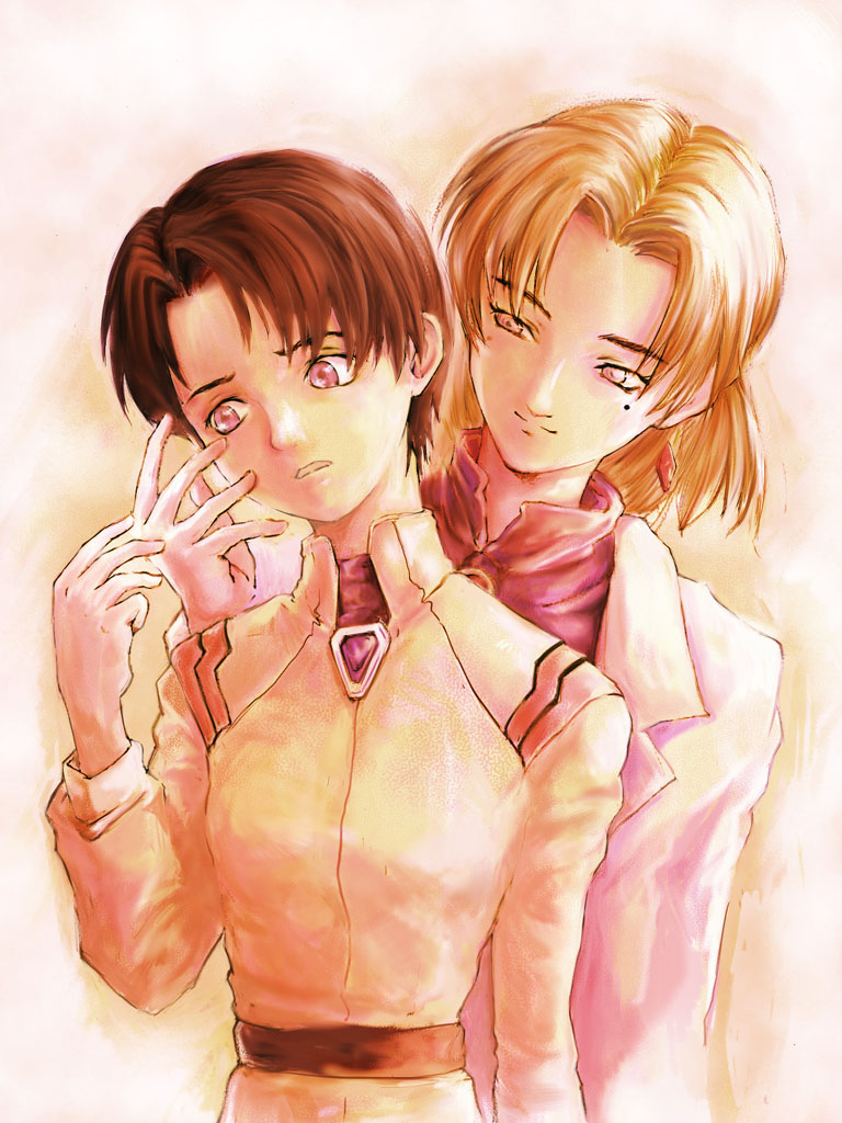 akagi ritsuko, ibuki maya, neon genesis evangelion, 2girls, blonde hair, brown hair, mole, mole under eye, multiple girls, short hair, yuri