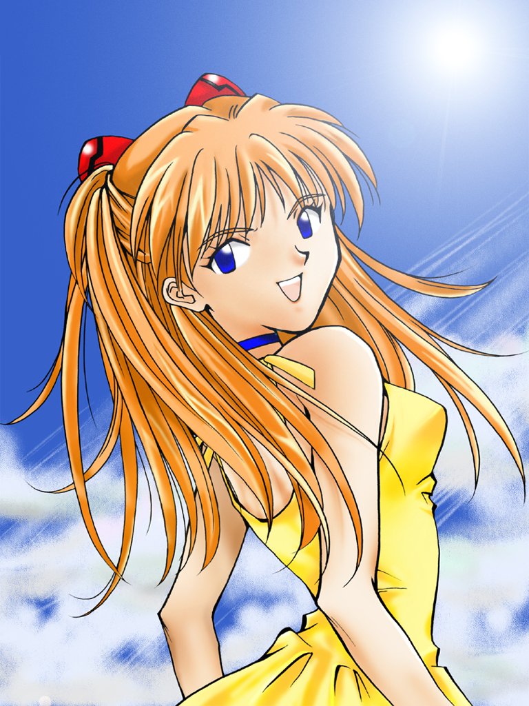 souryuu asuka langley, neon genesis evangelion, 1girl, :d, blue eyes, choker, dress, female focus, looking at viewer, looking back, open mouth, red hair, smile, solo