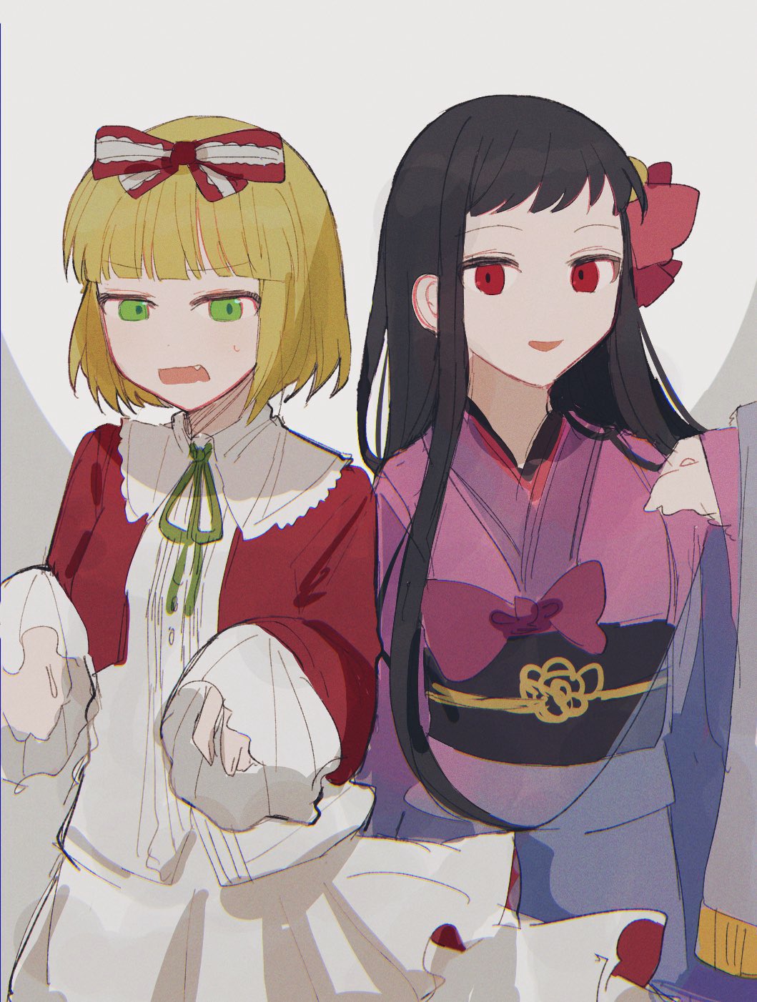 bakara (19083210), higanbana (higanbana no saku yoru ni), sumire (higanbana), higanbana no saku yoru ni, highres, 2girls, bell, black hair, blazer, blonde hair, bow, cosplay, costume switch, dress, fang, frills, gold ribbon, green eyes, green ribbon, hair bow, jacket, japanese clothes, kimono, long hair, multiple girls, open mouth, pink bow, purple bow, purple kimono, red eyes, red jacket, ribbon, short hair, simple background, striped bow, white dress