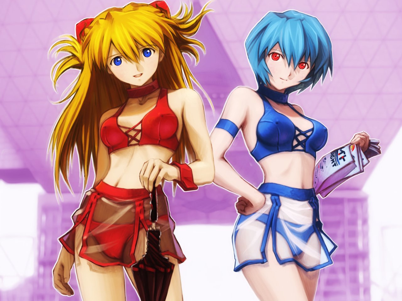 kobayashi yuji, ayanami rei, souryuu asuka langley, neon genesis evangelion, 2girls, armband, bare shoulders, blue eyes, blue hair, blue panties, breasts, choker, closed mouth, collarbone, covered erect nipples, feet out of frame, female focus, hair ornament, hand on own hip, legs apart, lips, long hair, looking at viewer, multiple girls, navel, panties, parted lips, red eyes, red hair, red panties, short hair, skirt, small breasts, smile, standing, underwear, wristband