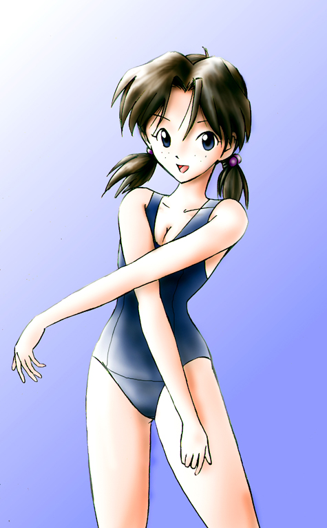 horaki hikari, neon genesis evangelion, 1girl, blue eyes, breasts, brown hair, cleavage, female focus, grin, leotard, looking at viewer, smile, solo, swimsuit, twintails