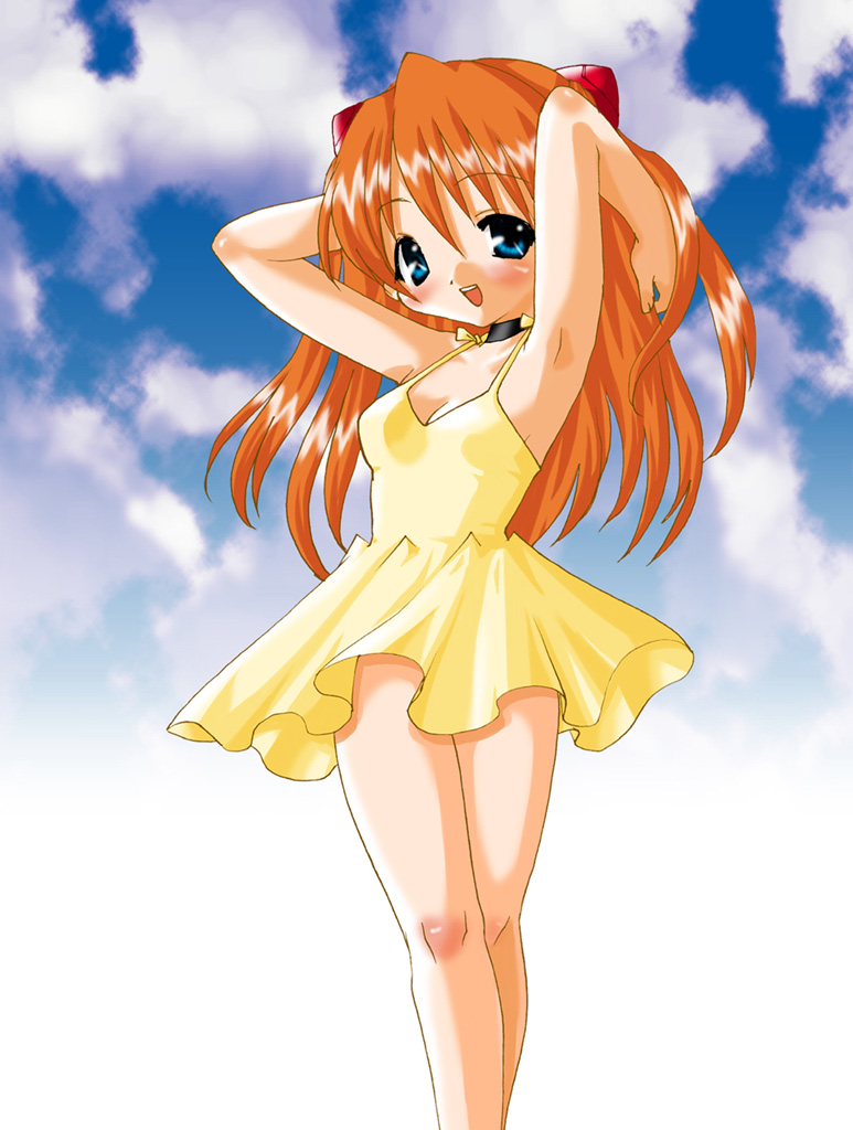 souryuu asuka langley, neon genesis evangelion, 1girl, :d, arms up, bare legs, blue eyes, choker, dress, female focus, open mouth, red hair, short dress, sky, smile, solo, yellow dress