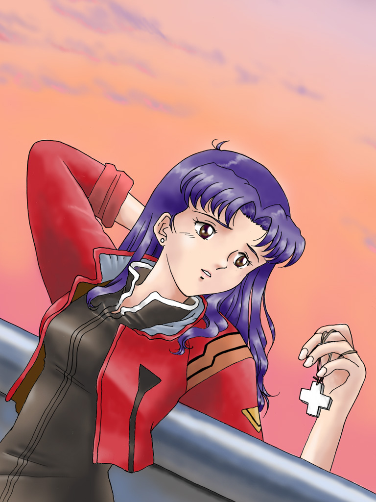 katsuragi misato, neon genesis evangelion, 1girl, brown eyes, female focus, long hair, purple hair, solo