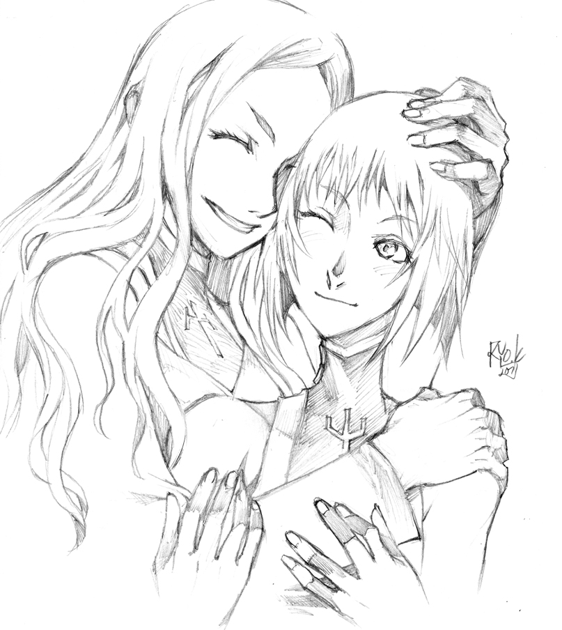 clare (claymore), teresa, claymore (series), artist request, 00s, 2girls, greyscale, hug, monochrome, multiple girls, sketch