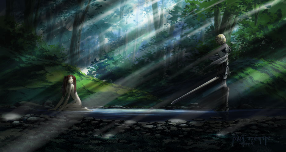 luciela, rafaela, claymore (series), 00s, 2girls, armor, multiple girls, outdoors, pauldrons, shoulder armor, siblings, sisters, sitting, standing, sword, weapon