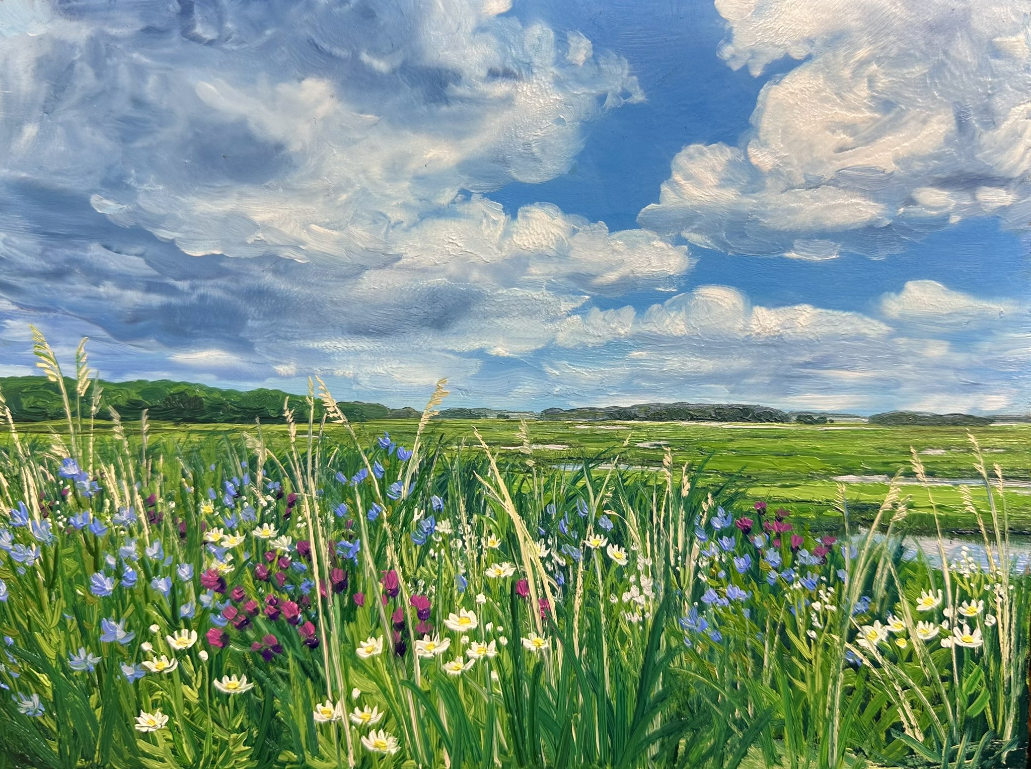 kate avery, original, commentary, english commentary, highres, oil painting (medium), painting (medium), traditional media, blue flower, blue sky, cloud, cloudy sky, day, field, flower, grass, no humans, outdoors, purple flower, scenery, sky, white flower