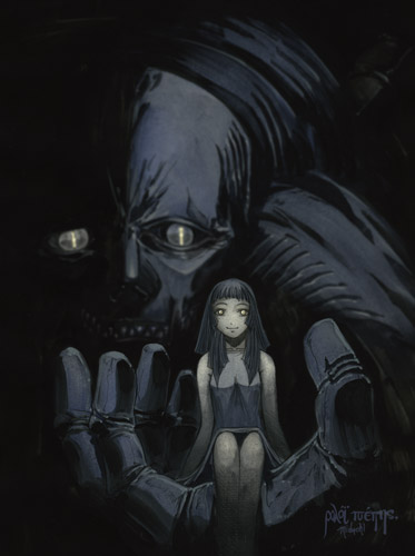 dauf, riful, claymore (series), lowres, 00s, 1girl, dress, glowing, glowing eyes, in palm, monster, sitting, size difference, staring, watermark, yellow eyes