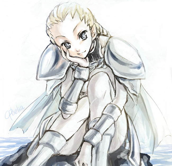ophelia (claymore), claymore (series), 00s, 1girl, armor, blonde hair, blue eyes, braid, cape, character name, female focus, head rest, leg armor, shoulder armor, sitting, smile, solo, vambraces