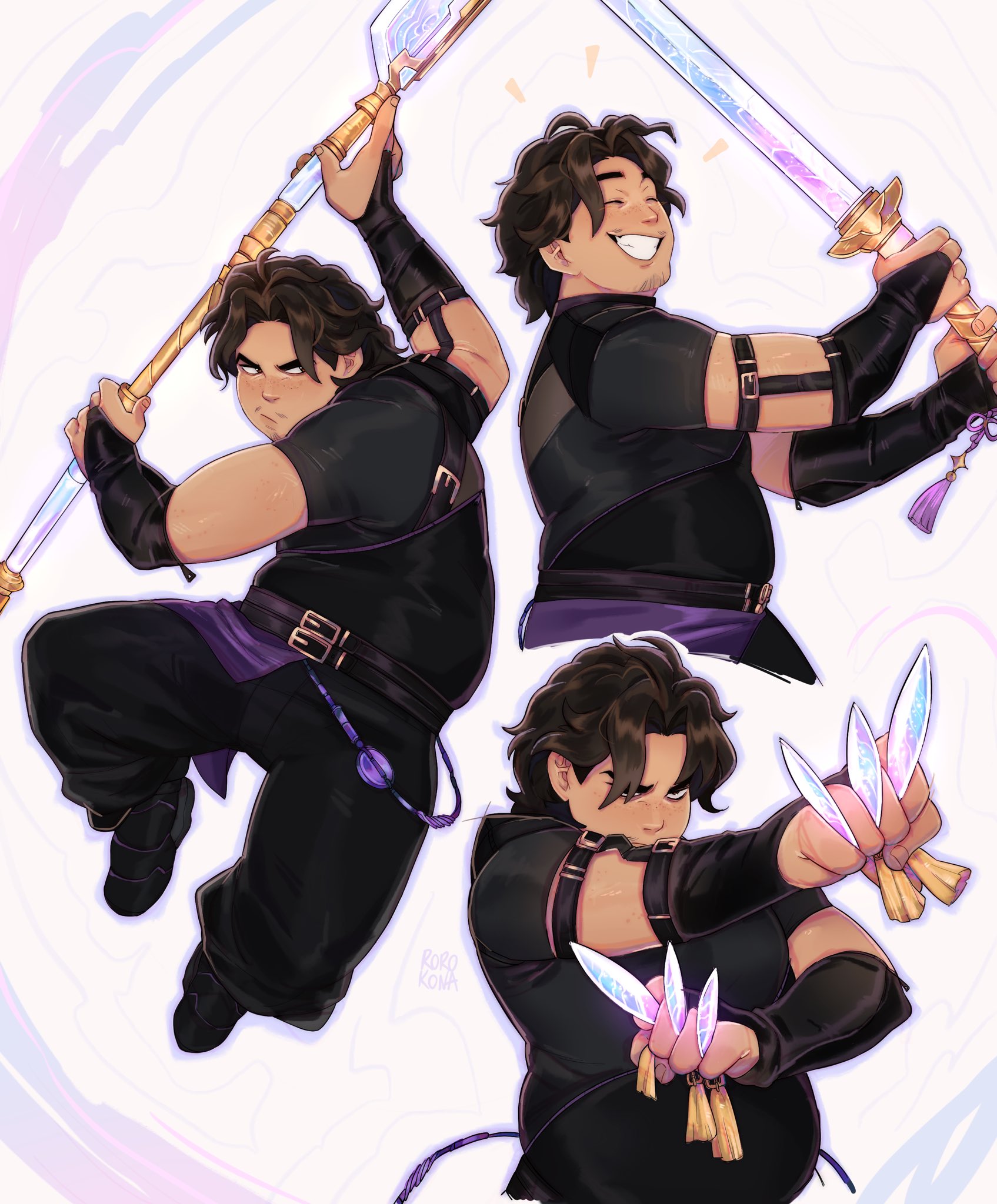 rorokonaa, bobby (kpop demon hunters), kpop demon hunters, commentary, english commentary, highres, 1boy, angry, beard stubble, belly, biceps, black hair, black pants, black shirt, closed eyes, closed mouth, dagger, facial hair, grin, happy, holding, holding dagger, holding knife, holding polearm, holding sword, holding weapon, knife, looking to the side, male focus, notice lines, pants, plump, polearm, shirt, smile, stubble, sword, weapon, white background