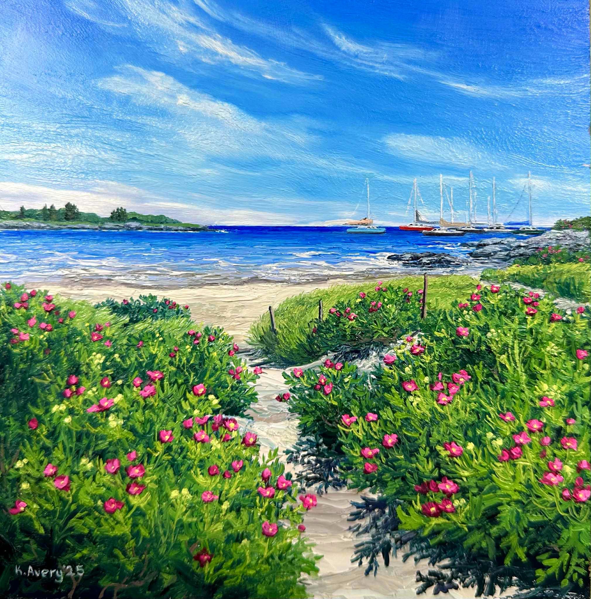 kate avery, original, commentary, english commentary, highres, artist name, beach, blue sky, boat, bush, cloud, day, flower, horizon, no humans, ocean, outdoors, purple flower, sailboat, scenery, ship, signature, sky, water, watercraft