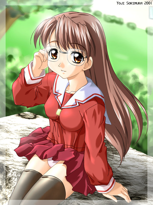 sorimura youji, mizuhara koyomi, azumanga daiou, 1girl, artist name, black thighhighs, brown eyes, brown hair, female focus, glasses, panties, pantyshot, school uniform, serafuku, solo, thighhighs, underwear