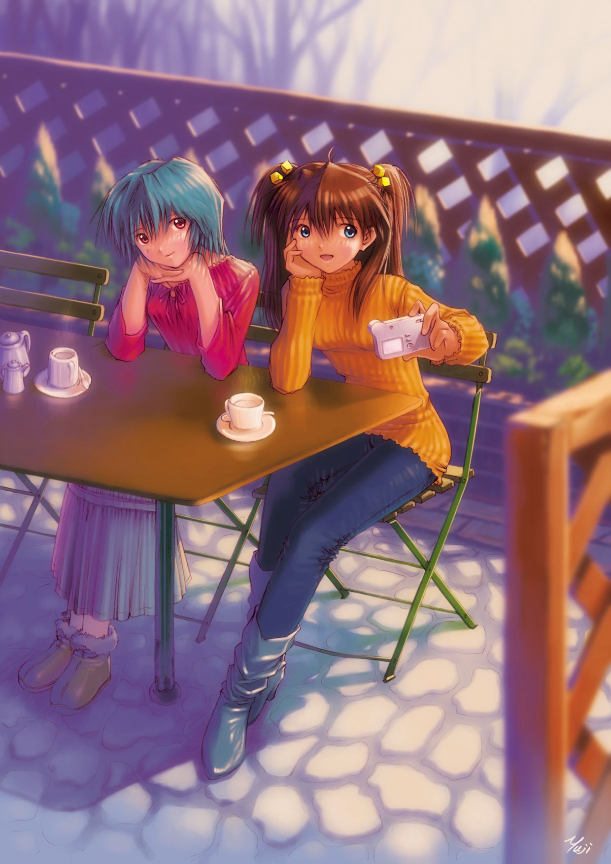 ayanami rei, souryuu asuka langley, neon genesis evangelion, highres, blue eyes, blue hair, brown hair, red eyes