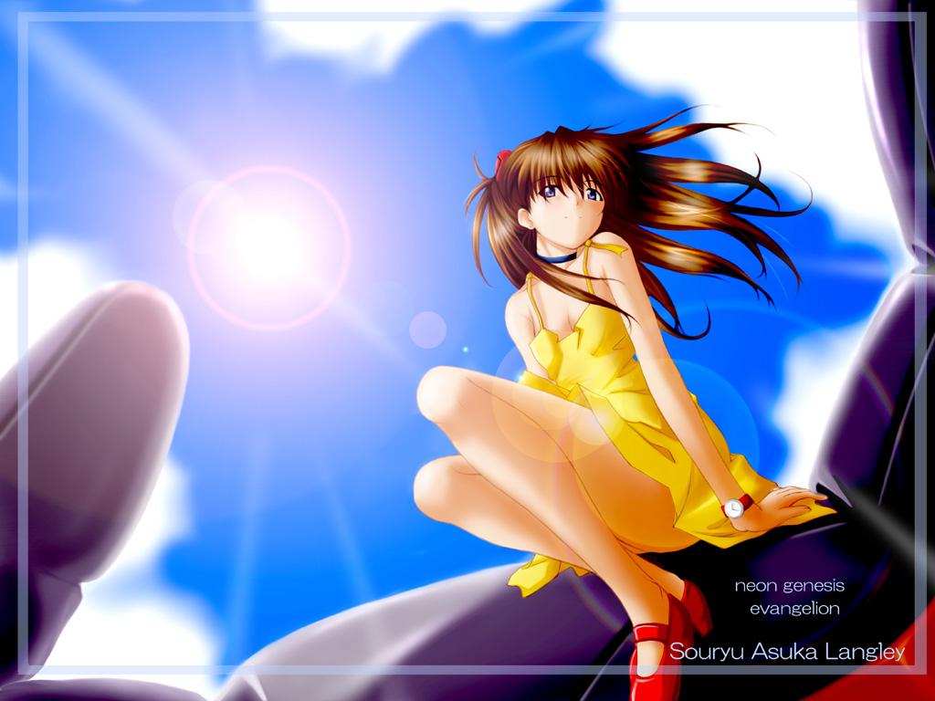 souryuu asuka langley, neon genesis evangelion, 1girl, bare legs, blue eyes, brown hair, character name, choker, copyright name, dress, female focus, lens flare, sky, solo, sun, watch, wristwatch, yellow dress