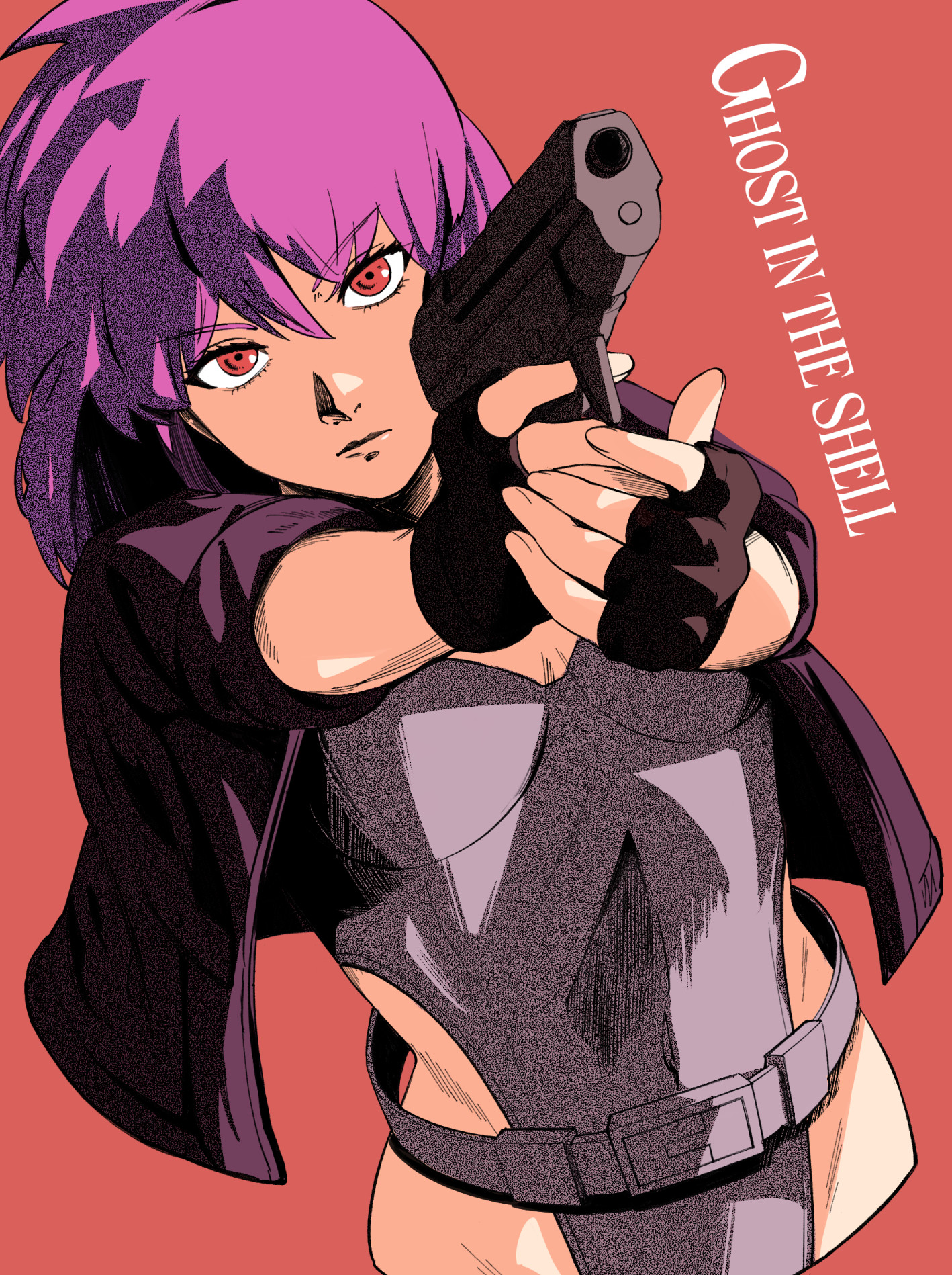 itsumeee3, kusanagi motoko, ghost in the shell, commentary request, highres, 1girl, aiming, aiming at viewer, belt, black gloves, breasts, choppy bangs, closed mouth, copyright name, cowboy shot, finger on trigger, fingerless gloves, gloves, grey belt, grey leotard, gun, hair between eyes, handgun, holding, holding gun, holding weapon, jacket, leotard, looking at viewer, open clothes, open jacket, own hands together, purple hair, purple jacket, red background, red eyes, short hair, simple background, sketch, small breasts, solo, two-handed, weapon
