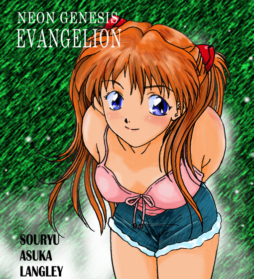 souryuu asuka langley, neon genesis evangelion, 1girl, bare arms, bare shoulders, blue eyes, breasts, character name, copyright name, cutoffs, denim, denim shorts, facing viewer, female focus, interface headset (evangelion), leaning forward, legs together, light blush, light smile, looking at viewer, medium breasts, no bra, pink shirt, pink tank top, red hair, shirt, shorts, solo, tank top, two side up
