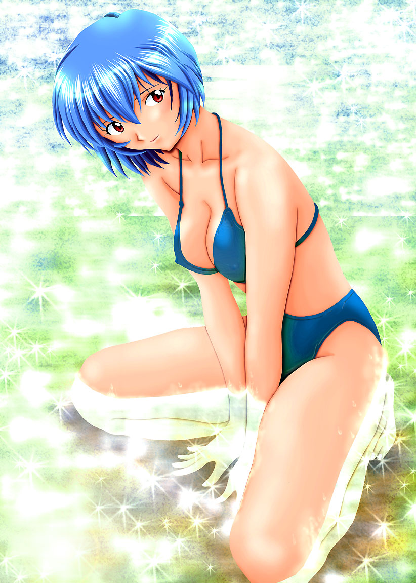 ayanami rei, neon genesis evangelion, bikini, blue bikini, blue hair, kneeling, red eyes, swimsuit