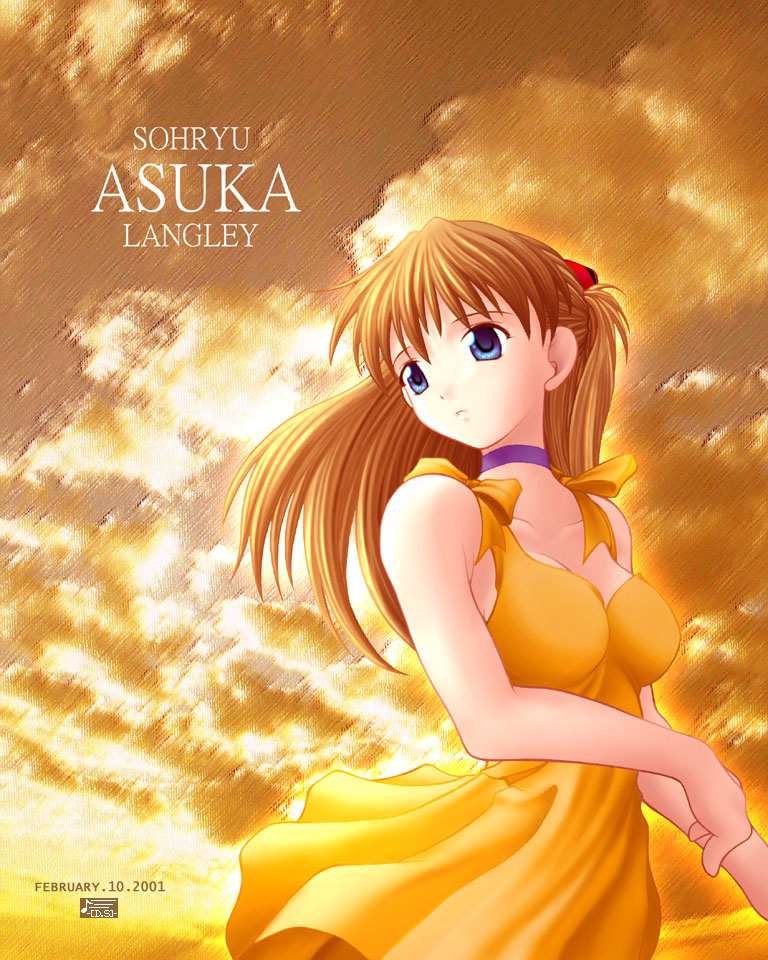 souryuu asuka langley, neon genesis evangelion, 1girl, blue eyes, character name, choker, dated, dress, female focus, red hair, solo, yellow dress